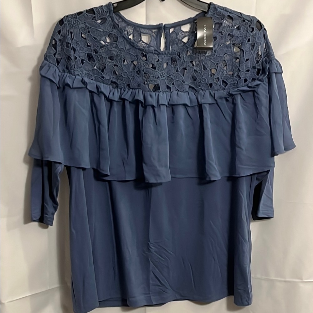 Lane Bryan Elegant Blue Lace Ruffle Top